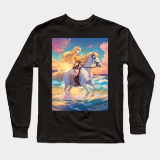 Anime Princess Cute Girl with White Horse collorful Long Sleeve T-Shirt